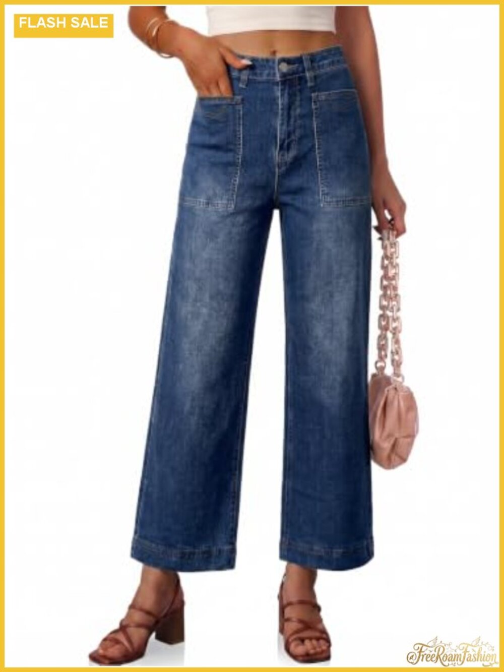 Womens High Waisted Wide Leg Jeans Cropped Casual Stretchy Denim Pants